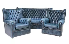 Sofa, Chairs, 2, Wing Back, British, Blue Leather, Chesterfield, Set of 3!