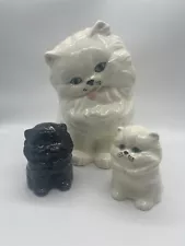 Vintage White Ceramic Persian Cat Large 10" Figure With 2 4" Kittens Blue Eyes