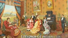 1880's-90's Estey Organ Co Parlor Scene Lady Playing Organ Ladies Gentlemen F96