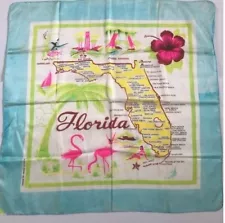 Vintage FLORIDA Souvenir State Map Teal Rayon Square Scarf Pink Flamingo's