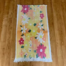 Vintage Floral Loom Weave Rag Throw Rug Fringe Orange Yellow White 41”x23”