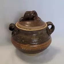 Artisan Made Stoneware Bean Pot With Lid Decorative Handles