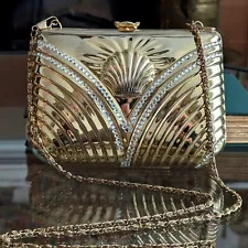 Vtg 80s Does Art Deco Metal Clam Shell Purse Clutch Evening Bag Lined Rhinestone