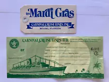 Carnival Cruise Line TSS MARDI GRAS 1974 Baggage tag and ticket ephemera