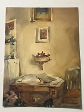 Vintage Watercolor Painting on Paper Chamber Art Interior Apartment Unframed