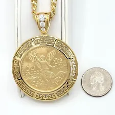 14K Gold Plated Mexican Centenario Moneda 50 Pesos CZ Pendant Optional Chain.