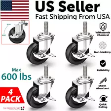 4x 3 Inch Rubber Casters Heavy Duty Safety Brake Wheels For Wire Shelving Rack