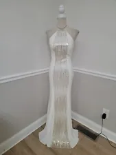 CACHE WHITE JERSEY GOLD SEQUINED FORMAL OR WEDDING GOWN FIT & FLARE