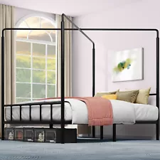 King Size Canopy Bed Frame Metal Four Posters Storage Platform with Headboard