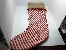 Christmas Stocking Red & White Stripes, Burlap, Pom Pom Tassels & Ric-Rac Trim