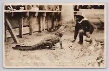 RPPC Cowboy Bill A Seminole Indian wrestling alligator Musa Isle Miami FL 1930