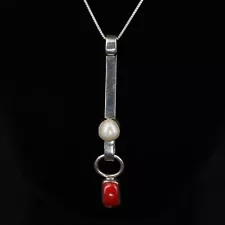 Sterling Silver LILLY BARRACK Freshwater Pearl & Coral Pendant 16" Necklace 12g