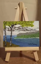 ACEO Original Bob Ross Style Landscape Painting Signed ATC Collectible Mini Art