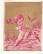 Naked Baby Playing Pan Flute Birds No Advertising Vict Card c1880s