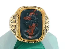 Vintage 14kt Gold Cameo Bloodstone Ring W/ Ornate Design - Sz. 9.75