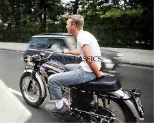 COOL ACTOR STEVE MCQUEEN RIDING HIS TRIUMPH MOTORCYCLE CANDID 8X10 COLOR PHOTO