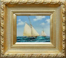 Luxury Gold Framed Oil Painting on Canvas, Signed by Thomas, Sailboats Seascape