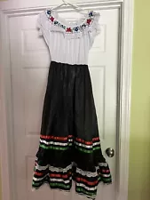 Folklorica Mexican Solid Skirt White Blouse With Flowers One Piece