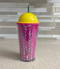 Starbucks Frappuccino Pink Travel Tumbler 16 oz Plastic Cup Straw & Lid 2014