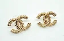 Chanel CC Logo Swarovski CZ Stone Gold Tone Earrings 100% NIB Beautiful Classic