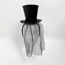 BLACK MINI TOP HAT WITH NET GLITTER FASCINATOR FANCY DRESS ACCESSORY Halloween