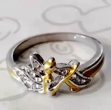 Tinker Bell Silver Gold Tone Metal CZ White Stone Ring Disney Princess Size 6.75