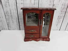 Vtg Wooden Jewelry Box Cabinet Chest Armoire Organizer Floral Etched Glass Doors