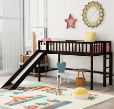 Twin Size Low Loft Bed with Ladder and Slide Wood Loft Bed Frame with Guardrail