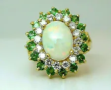 3Ct Oval Fire Opal Emerald & Diamond Halo Wedding Ring 14K Yellow Gold Finish