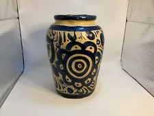 VTG MEXICAN pottery blue flower jar terracotta clay vase latin folk art