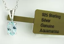 GENUINE 0.68 Cts AQUAMARINE PENDANT NECKLACE .925 STERLING SILVER - New With Tag