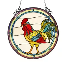 Rooster Chicken Tiffany Style Stained Glass Round Window Panel Handcrafted