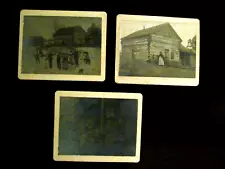 3 VTG PHOTOS FAMILY LOG CABIN BOY WITH GUN DOG OLD FARM EQUIPMENT 1800's-1900's