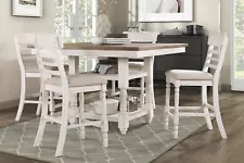 5 PC SQUARE COUNTER HEIGHT FARMHOUSE ANTIQUE WHITE DINING TABLE CHAIRS FURNITURE