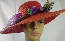 Women’s Hat Straw Orange Wild Flowers Bonnet Ribbon Wide Brim Festive One Size
