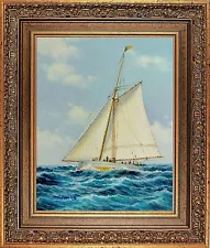 Gold Framed Oil Painting on Canvas, Signed by Thomas, Summer Sailboats Seascape