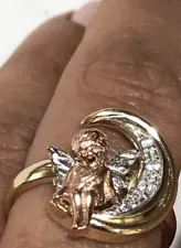 GOLD ring 14k angel moon girl baby good luck solid cz fine gift 7 4 5 6 8 9 10