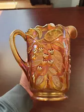 Cracked Marigold Millersburg Carnival Glass Hanging Cherries Water Pitcher