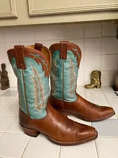 Tony Lama Brown Womens Cowboy Dancehall Boots Turquoise Shaft Made in USA 8 B