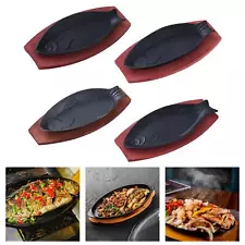 Griddle Steak Fry Plate Fish Shaped with Wooden Tray BBQ Grill Pan for Home