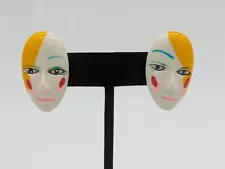 Vintage Harlequin Face Mask Earrings Yellow and White