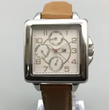 Tommy Hilfiger Watch Unisex Silver Tone Day Date Square Leather New Battery