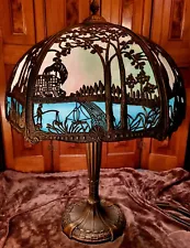 Large Scenic 12 Panel Slag Glass Antique Table Lamp