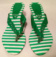 Womens High Heel Slip On Thong Sandal Green and White Striped w/ Rhinestones 5.5