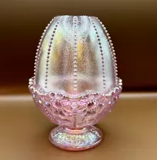 FENTON Fairy Lamp BEADS AND DAISY Pink Iridescent, 6"