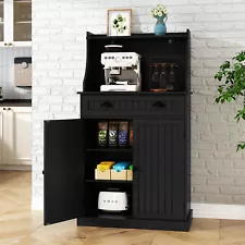 Storage Cabinet Kitchen Pantry Cupboard w/ Doors Shelves Microwave Stand Black