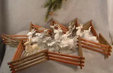 12 Vintage 1950's Plastic Reindeer Ornaments / Figurines & Split Rail Wood Fence