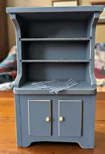 Vintage Dollhouse Miniature Blue Primitive Stepback Cupboard Hutch Country 8.5"