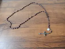 ANTIQUE 19TH C SEED BEAN ROSARY NECKLACE W FOLDING CROSS NICE INTERNATL SALE