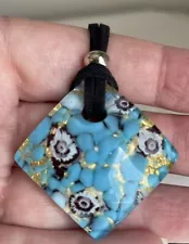 BLUE GOLD FLOWER AUTHENTIC VENETIAN MURANO GLASS NECKLACE